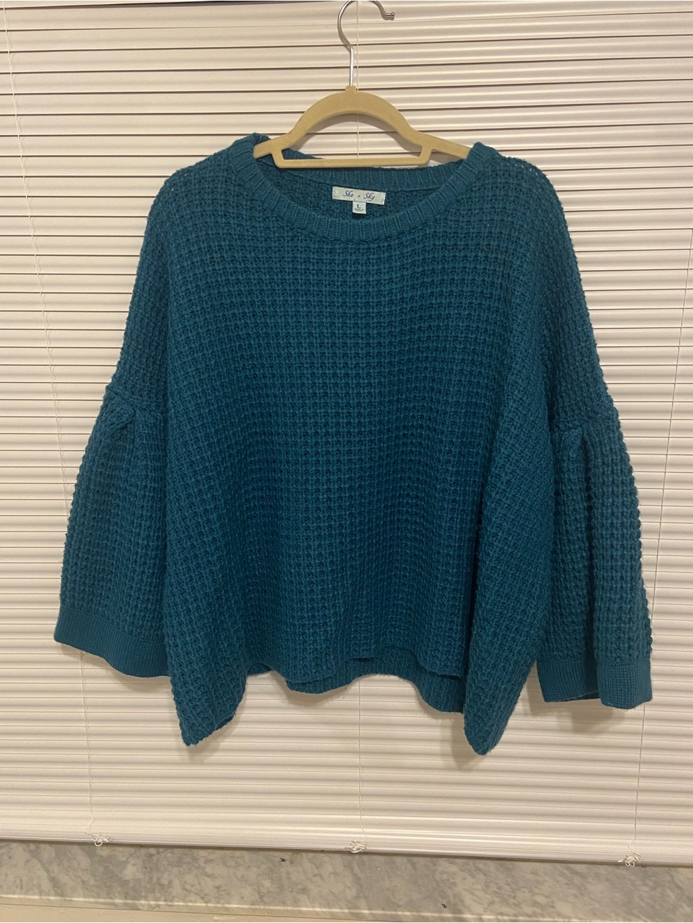 She + Sky Teal Waffle-Knit Scoop Neck Sweater